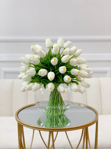 60 White Tulips Centerpiece Glass Vase - Flovery
